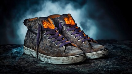 Poster - Wornout shoes glowing symbolizing journey abandoned location photo mysterious atmosphere close-up resilience concept