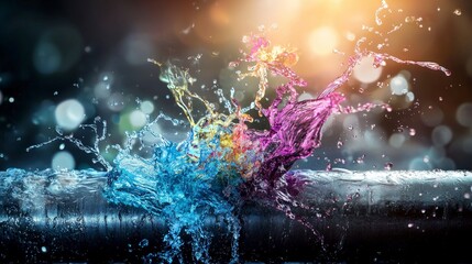 Leinwandbilder - Close-up view of a bursting water pipe dynamic colorful streams in an urban environment