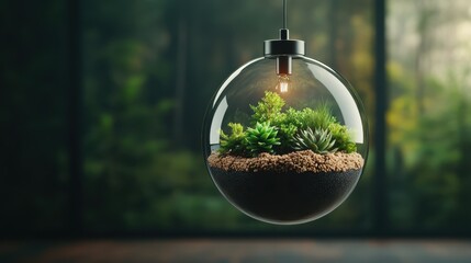 Wall Mural - An innovative illuminated glass terrarium showcasing exquisite plants nestled on rich soil. This artistic piece glows softly in a dimly lit room, creating an eco-chic ambiance.