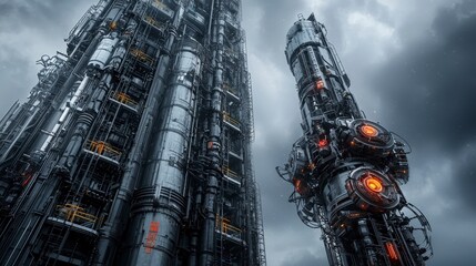 Aufkleber - Futuristic robot-inspired skyscraper design urban digital art in an innovative industrial cityscape
