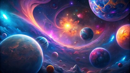 vibrant abstract space background with cosmic planets and celestial elements