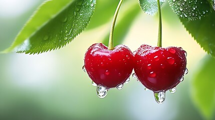 Aufkleber - Vibrant red cherries with sparkling dew on a natural radiant green backdrop : Generative AI