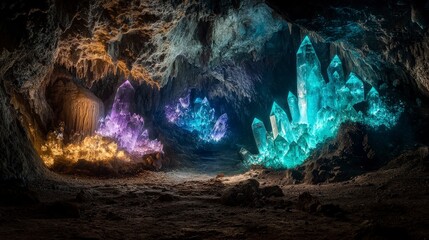 Aufkleber - Mystical underground cave scenic photography of vibrant glowing crystals in an enigmatic location