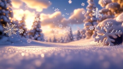 Aufkleber - Magical Sunset Over a Snowy Forest Scenery with Glistening Snowflakes in the Winter Air : Generative AI