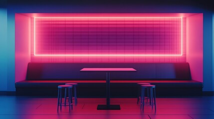 Poster - Contemporary Neon Pink Lounge Seating Under Abstract LED Lighting : Generative AI