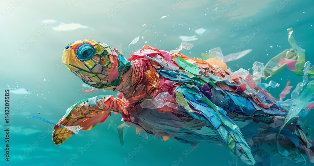 Sea Turtle Made of Plastic Underwater Pollution Stock Illustration ...