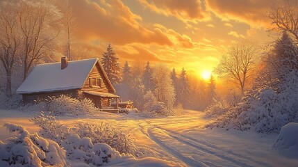 Aufkleber - Tranquil Snowy Cabin in Winter Sunrise Surrounded by Forest and Snow : Generative AI