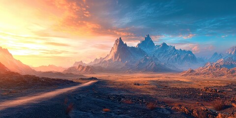 Poster - Mountain range is in the background with a road in the foreground