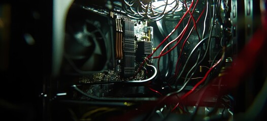 Poster - Computer case with wires and a fan inside