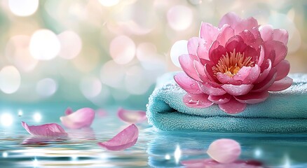 Poster - Elegant Pink Flower on Soft Blue Towel with Gentle Water Ripples and Bokeh : Generative AI