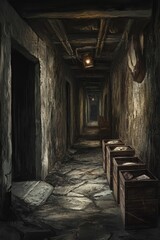 Poster - Dark, damp corridor; old crates, dim lighting.