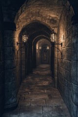 Poster - Dark stone corridor, arched walls, lit lanterns.