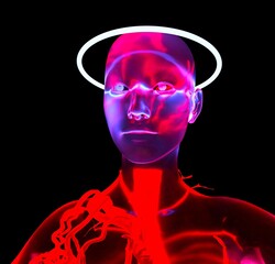 Aufkleber - Abstract psychedelic cyberpunk 3D illustration of a human bust with glowing neon halo.