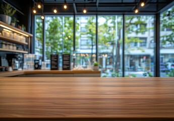 Aufkleber - Empty wooden table in a modern cafe with blurred city street view.