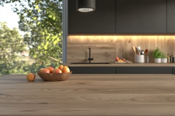 Aufkleber - Modern kitchen island with wooden countertop, fruit bowl, and blurred background.