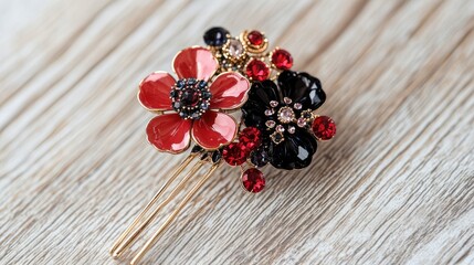 Wall Mural - Elegant Hairpin with Floral Design and Colorful Gemstones