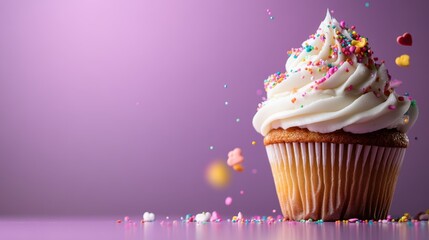 Wall Mural - A delectable cupcake topped with smooth white icing and colorful sprinkles, sitting gracefully on a lilac table with scattered sprinkles around.