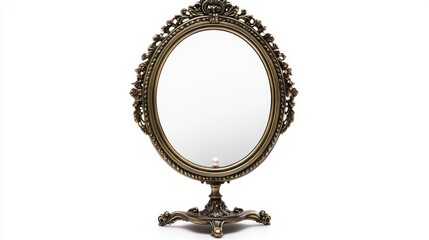 Wall Mural - Antique oval mirror with ornate gold frame and stand on white background.