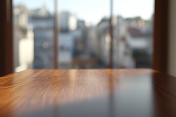 Poster - Empty wooden table against blurred city view.