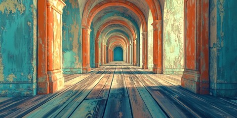 Poster - Long hallway with wooden floors and a blue archway