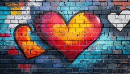 Poster - Vibrant and bold graffitistyle heart designs on a brick wall, with abstract shapes and bright color contrasts, created with generative AI for a street art vibe