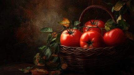 Wall Mural - A rustic basket filled with ripe red tomatoes surrounded by leaves on a dark background showcasing fresh organic produce.