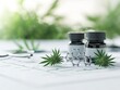 © JAKE STUDIO - A close-up view of cannabis leaves, vials, and a molecular structure on a medical chart, emphasizing cannabis' medicinal properties.