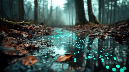 A forest stream adorned with sparkling, luminescent blue dots creates a captivating and surreal atmosphere, merging the wonders of nature with the ethereal unknown.