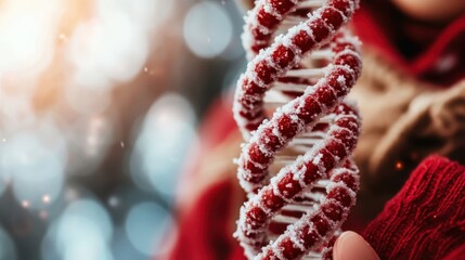 A creative representation of a red candy DNA helix offers a unique blend of science and holiday aesthetics, with snowy textures enhancing the festivity and intrigue.