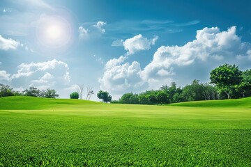 Wall Mural - Scenic golf course with smooth fairways and bright blue sky under sunlight