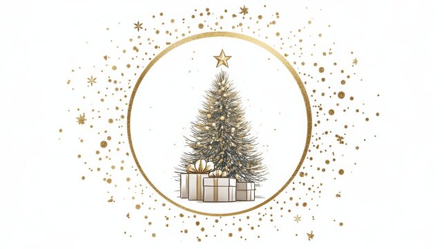 A logo design featuring a Christmas tree, star, and other elements in gold foil on a white background. The central focus is the silhouette of an ornate Christmas pine tree with glittering stars