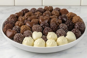 Wall Mural - Valentine's Day chocolates in a circular arrangement, featuring a mix of heart shapes, roses, and stars, displayed on a crisp white surface. 