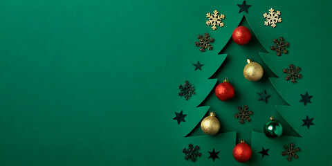 Wall Mural - a green background with a christmas tree and balls2