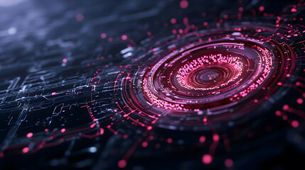 Aufkleber - A futuristic, abstract representation of digital circuits with vibrant pink and purple lights highlighting a central spiral pattern