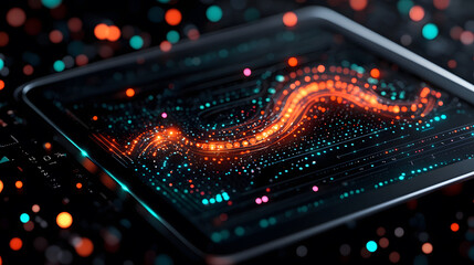 Aufkleber - A glowing wave of colorful particles is displayed on a tablet screen against a dark, shimmering background, showcasing digital artistry and technology