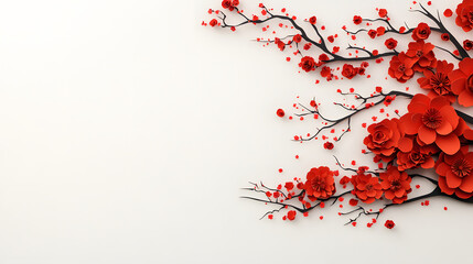 Poster - A vivid arrangement of red flowers and branches on a soft background, evoking a sense of beauty and tranquility