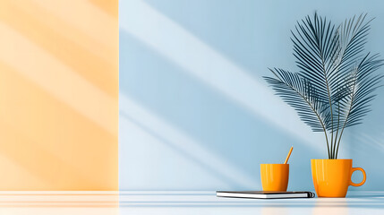 Poster - A bright, minimalist scene featuring orange cups, a notebook, and a palm plant against a soft blue and yellow background