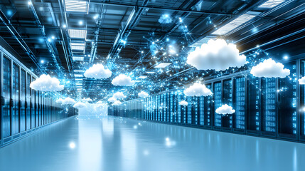 Poster - A futuristic data center featuring rows of servers and digital clouds, symbolizing cloud computing and advanced technology