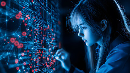Poster - A focused young woman interacts with a digital interface filled with glowing data patterns, symbolizing technology and innovation