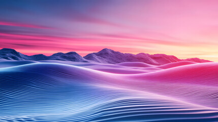 Poster - A serene landscape featuring rolling waves of vibrant colors, blending shades of pink and blue against a tranquil sky
