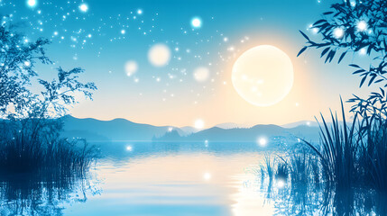 Poster - A serene, moonlit landscape featuring a calm lake, glowing orbs, and silhouettes of trees against a tranquil blue sky