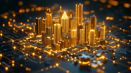 Aufkleber - A glowing, futuristic cityscape rises above a circuit pattern, symbolizing the intersection of technology and urban development