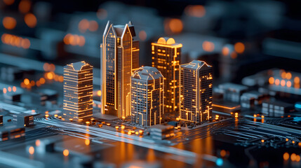 Aufkleber - A futuristic cityscape depicted as glowing buildings on a circuit board, blending technology with urban architecture