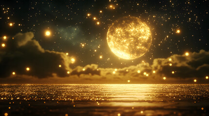 Poster - A stunning night scene featuring a luminous golden moon over a shimmering ocean, surrounded by sparkling stars and clouds