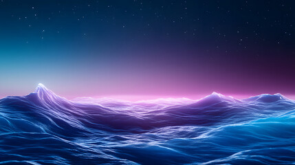 Poster - A serene ocean scene with luminous waves under a starry sky, blending hues of blue and purple, creating a tranquil and dreamy atmosphere