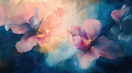 Canvas Print - Abstract Floral Painting with Pink Flowers on Blue and Gold Background