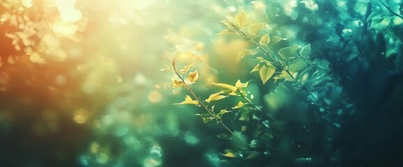 Poster - A picturesque abstract of nature with a green bokeh blur, ideal for summer or spring settings, complete with sun flares and a wide-screen view.