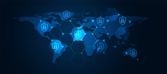 futuristic concept of global cybersecurity,Global network security with shields lock protection