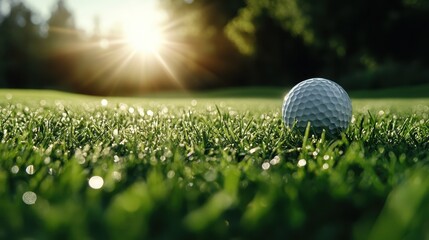 Situated on lush green grass against a backdrop of radiant sunlight, a golf ball symbolizes precision, relaxation, and the allure of the golfing experience.