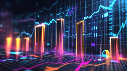 Poster - A 3D bar chart with metallic bars rising from the ground, set against a dark background with neon-colored data lines and futuristic graphs representing business growth.